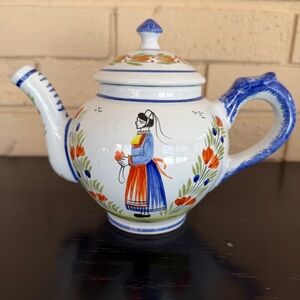 HENRIOT QUIMPER Teapot Royal French Faience Lidded Painted Lady